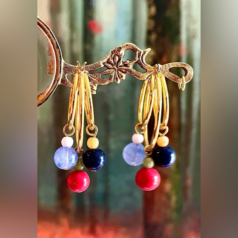 Vintage 70s–80s Red, Navy, Blue, Gold Tone Hoop Earrings Retro Beaded Dangles - Picture 2 of 9